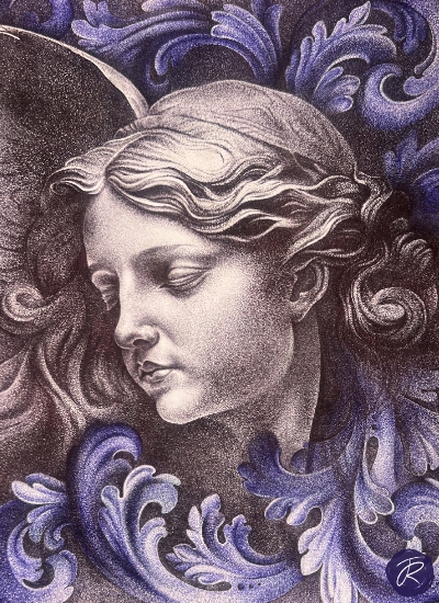 Angel, a stipple illustration created using a tattoo machine